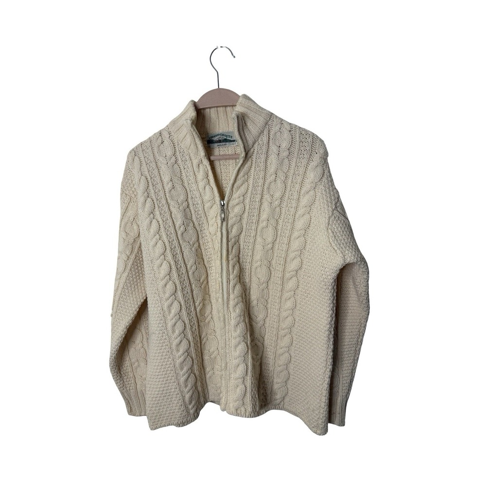 Aran Crafts Women's XL Merino Wool Full Zip Sweater Cardigan Cable ivory Ireland